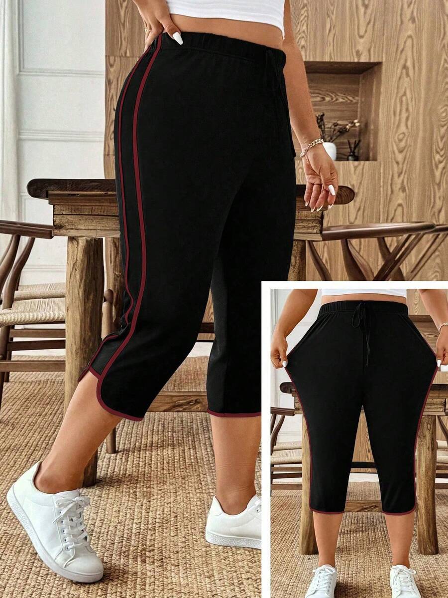 SHEIN CURVE+ Quần ống rộng kẻ sọc dáng thanh lịch, thường ngày, kiểu dáng thể thao, thắt nơ dành cho nữ cỡ lớn. - Màu Đỏ Sâu - Xem 1