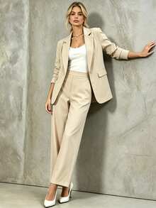 LUMIGAL Women's Solid Color Lapel NeckLong Sleeve Blazer And Pants Casual Office Commute Suit - Khaki - View 5