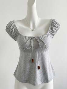 de manga corta holgada con lazo y decoración de perlas para mujer en verano - Gris Claro - Ver 5