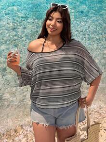 SHEIN EZwear Bohemian Colorful Striped Irregular Neck Off-Shoulder Short Sleeve Plus Size T-Shirt, Spring/Summer - Black - View 5