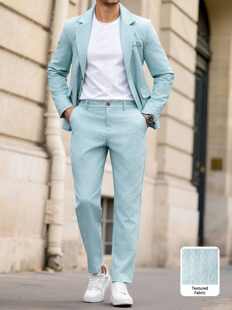 Manfinity Mode Setelan Jas Bisnis Kasual Pria Warna Biru Muda Musim Panas, Blazer Kain Bertekstur, Jas Wisuda Pernikahan Gaya Amerika, Gaya Klasik untuk Prom, Pesta, Vintage - Biru - View 1