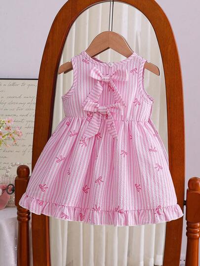 Souflis Souflis 1pc Baby Girls' Summer Striped Dress, Soft Gradient Color, Classic Striped Pattern With Minimalist Yet Fashionable Design, Bow Decor At Back, Loose Fit For Comfortable Wear, Suitable For Strolling, Slouchy Home Time, Family Outings, Parties, And More