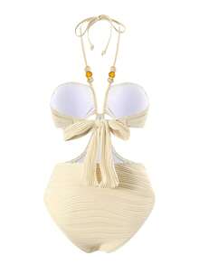 Swim Vcay Spring/Summer Solid Color Strapless Backless Tie Beaded Decor High Cut One-Piece Swimsuit For Beach Holiday Vacation Holiday Beige Casual - Apricot - View 3