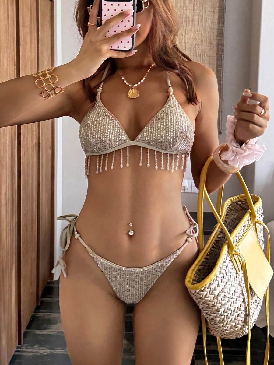 Serisse Dambaddräkt med paljettfransar - Aprikos - Visa 1