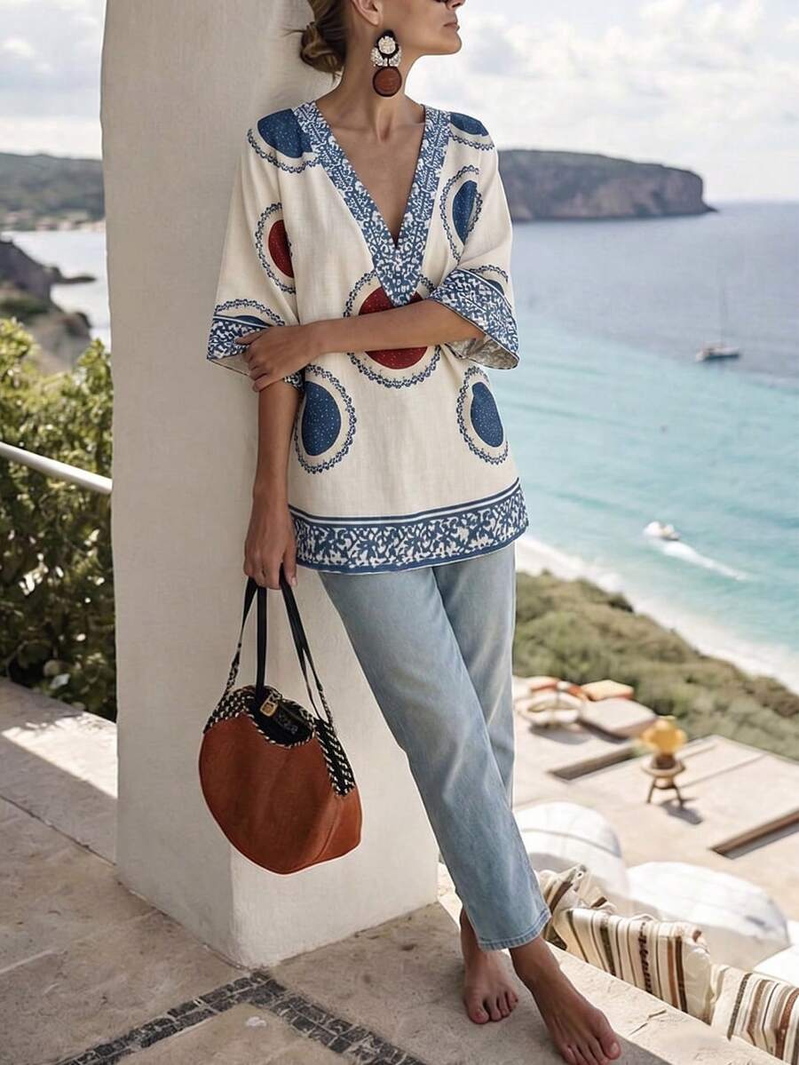 SHEIN Holidaya Women's V-Neck Printed Loose T-Shirt For Vacation, Summer - Multicolor - View 1