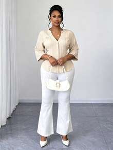 Plus Size Women's Solid Color Commuter Minimalist Notched Neck Half Sleeve Elegant Cardigan Casual Blouse, Spring/Autumn - Apricot - View 6