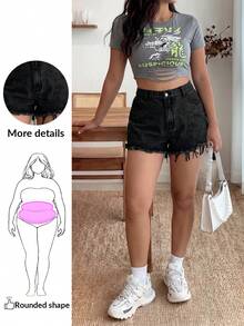 Enliva Karlangas.Toledo Plus Size Women Casual Distressed Washed Denim Shorts With Pockets, For Apple Rounded Body Shape, For Summer - Black - View 1