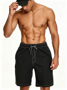 Manfinity KASUA Plus Size Men's Drawstring Waist Casual Versatile Beach Shorts, Holiday - Black - View 7