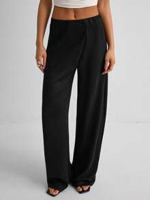 Damen einfarbige minimalistische Weite Hose, lässiger Alltags-Tragekomfort - Schwarz - Übersicht 1