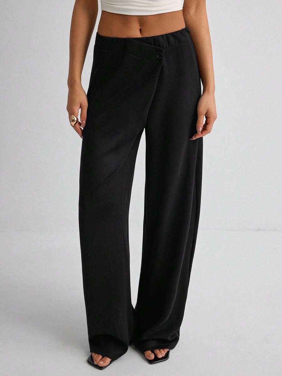 Damen einfarbige minimalistische Weite Hose, lässiger Alltags-Tragekomfort - Schwarz - Übersicht 1