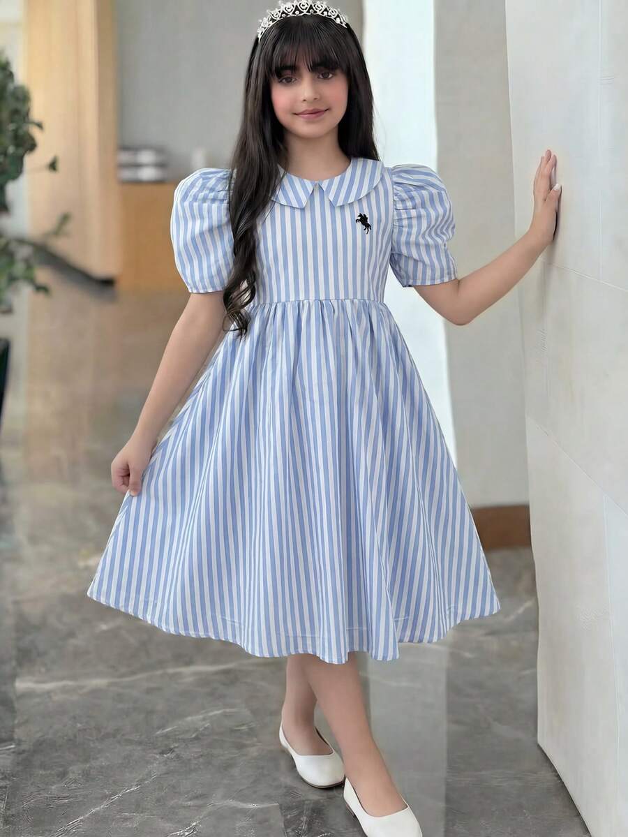 Đầm polo tay cánh hoa kẻ sọc thoải mái thường ngày cho bé gái tuổi teen. - Màu xanh lam - Xem 1
