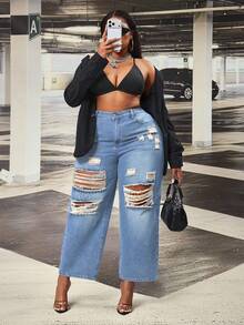 Slaydiva Plus Size Women Spring Blue Inelastic Distressed Straight Leg Jeans, Cowgirl - Light Wash - View 3