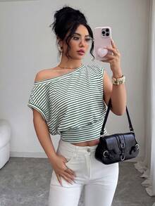 SHEIN Elenzya Asymmetric Waist Hem Oblique Shoulder Elegant Office Lady T-Shirt - Multicolor - View 3