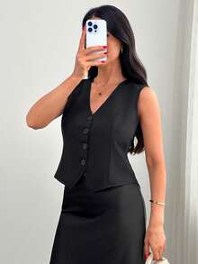 SHEIN Women, Autumn, Spring, Regular Length, Sleeveless, Blazer, Lace, Romantic, Elegant, - Black - View 4