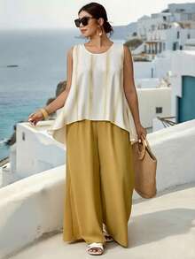Parysyn Moda de verano de talla grande, nuevo conjunto de dos piezas de blusas y pantalones de verano para damas - Amarillo - Ver 3