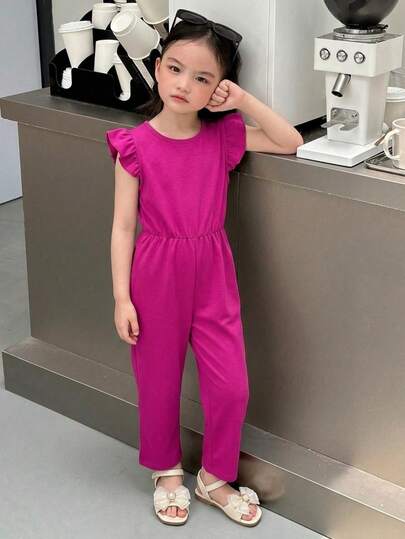 Mono informal con volantes y hombros descubiertos para niñas, pantalón ancho y fleece.