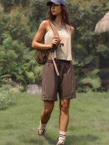 WanderVale 女士网眼拼接宽松运动背心 - 杏色 - 查看 6