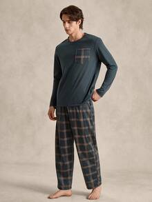 EverLounge Set de pijama de 2 piezas para hombre con top de manga larga con bolsillo de parches y pantalones largos a cuadros. Detalles cómodos y elegantes para otoño e invierno. - Verde Oliva - Ver 3