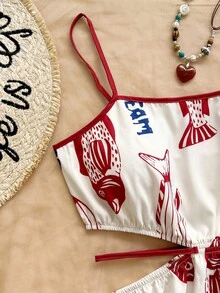 SHEIN WYWH 女士绿色热带花卉印花镂空系带A字中长吊带连衣裙，适合度假穿着 - 彩色 - 查看 3