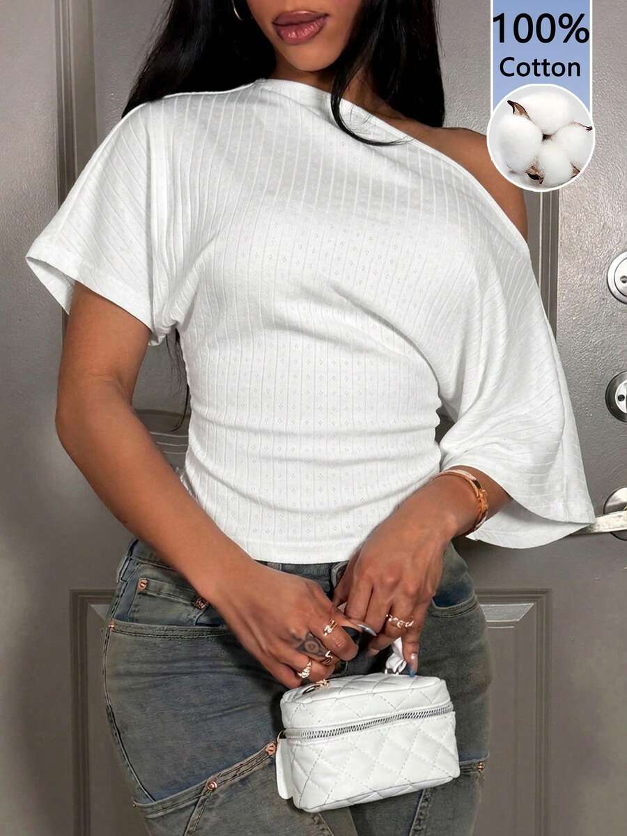 Slaydiva 95%纯棉不对称肩部收褶腰身蝙蝠袖女式T恤，百搭款式，适合春夏穿着 - 白色 - 查看 1