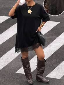 SHEIN EZwear Đầm nữ dệt kim màu đen trơn cổ tròn phối ren, đầm mùa hè mặc thường ngày cho nữ - màu đen - Xem 1