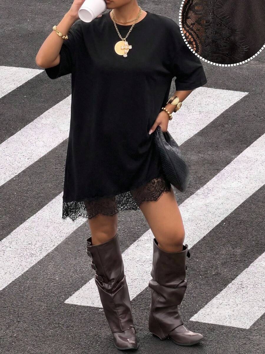 SHEIN EZwear Đầm nữ dệt kim màu đen trơn cổ tròn phối ren, đầm mùa hè mặc thường ngày cho nữ - màu đen - Xem 1