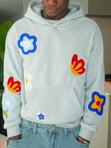 Harrin Don Harrin Don 男士休闲花卉刺绣连帽卫衣，秋冬季花卉图案连帽衫，街头风Y2K连帽衫，男士泡泡印花连帽衫，长袖上衣 - 灰色 - 查看 5