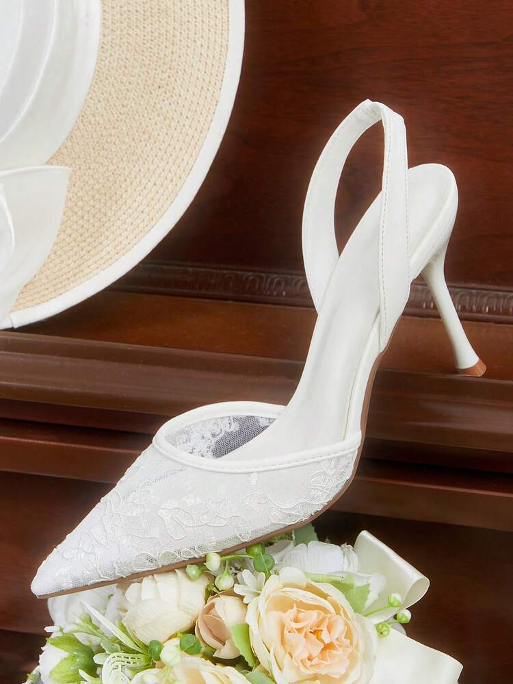 CUCCOO HITCHD Women Shoes Pointed Thin High Heel White Lace Mesh Back Strap Women Low Vamp Empty High Heel Shoes Fashionable And Elegant Wedding Banquet Daily Versatile Women's High Heel Shoes