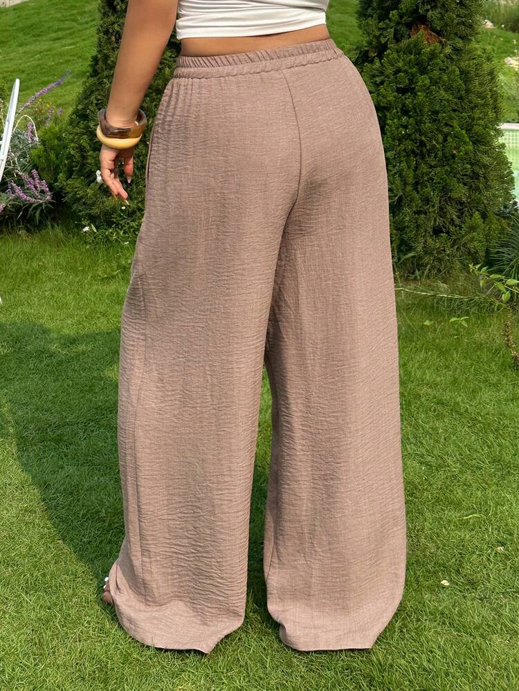Dazy Plus Brown Elastic Waist Loose Casual Versatile Commuting Wide Leg Pants Maxi Skirt, Plus Size Women Spring/Summer
