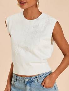 Travachic Áo tank top dệt kim họa tiết cành hoa 3D - Màu be - Xem 5