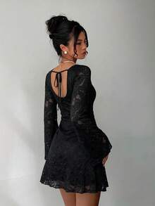 Aloruh Lukea Lace Long Sleeve Mini Dress Cream - Black - View 3