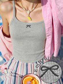 Glimmora Women's Bow Embroidered Ribbed Casual Camisole - Light Grey - View 3