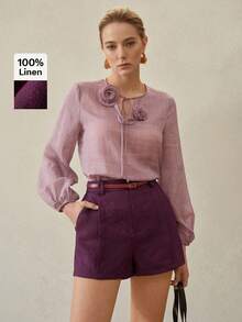 MOTF PREMIUM LINEN PRESS CREASE SLANT POCKET SHORTS - Burgundy - View 2