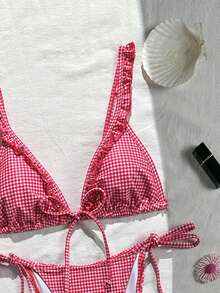 Swim Mod 女士新款性感红白格子蝴蝶结比基尼两件套，适合夏季海滩度假 - 彩色 - 查看 4