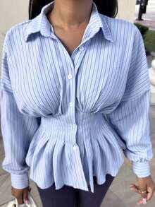 Alexandranx Women's Casual Striped Peplum Blouse With Bat Sleeves, Suitable For Work And Commute, Spring/Autumn Winter AllDayElegance Blue - Blue - View 5
