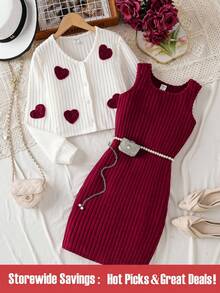 SHEIN Bộ 2 áo khoác cardigan thêu hình trái tim màu đỏ và váy cho bé gái, phong cách Châu Âu thời trang, mùa xuân/thu - Đỏ và trắng - Xem 2