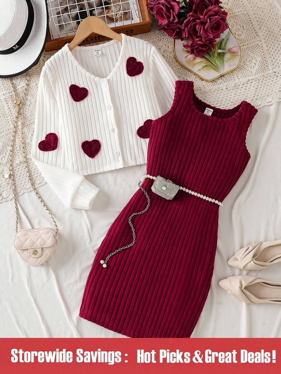 SHEIN Bộ 2 áo khoác cardigan thêu hình trái tim màu đỏ và váy cho bé gái, phong cách Châu Âu thời trang, mùa xuân/thu