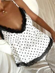 CovetEZ Women's Casual Chest Ruched Babydoll Lace Patchwork, Women's Autumn/Winter Leisure Camisole, Spring/Summer Top, Black & White Polka Dot Contrast Lace Camisole, Christmas Top, Polka Dot Top, Sweet Polka Dot Top, Black & White Polka Dot Lace Patchwork Camisole Spring - Multicolor - View 4