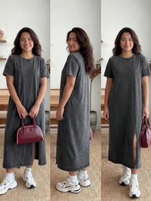 Enliva Plus Size Long Acid-Washed T-Shirt Dress Long Casual Dress, For Apple Rounded Body Shape, For Body Shape, For Summer - Black - View 4