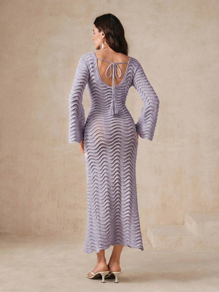 Solid Color Sexy Hollow Wave Flare Sleeve Beach Dress