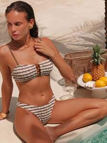 SHEIN Swim Lushore 欧美新款夏季性感条纹撞色串珠露背比基尼泳衣套装 - 彩色 - 查看 5