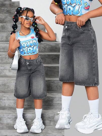 SHEIN Quần short Bermuda denim xanh dáng rộng, cạp lệch, phong cách vintage Y2K cho bé gái, thích hợp cho trang phục đường phố.