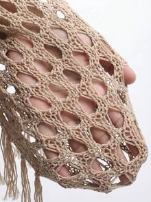 Slaydiva Cubrecuerpo de punto con hombros descubiertos y flecos para tallas grandes - Caqui - Ver 4