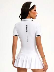 Gameset SHEIN Sport 女士休闲拼接彩色短袖Polo衫，日常穿着和运动皆宜 - 黑與白 - 查看 2