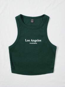 SHEIN EZwear Letter Graphic Ribbed Knit Tank Top - Dark Green - View 3