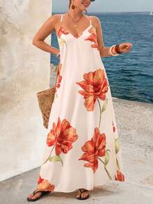 Breezaya Vestido Plus Size de Estilo Casual de Férias com Estampa Aleatória e Costas Abertas para Mulheres - Laranja - Visão 6