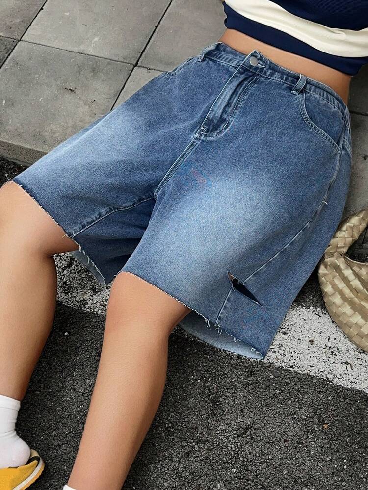 Dazy Plus Plus Size Women's Casual Loose Ripped Wide Leg Jeans Shorts, Western Cowgirl Style, Suitable For Spring/Summer Vacation