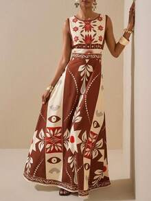 夏季新音乐节 复活节 圣帕特里克节 西方游牧风 生日 毕业 大学生 日常休闲 度假 邮轮 海滩 日光浴 爆款街头风 大码女装 热带雨林组合图案印花 无袖A字长裙 - 棕色 - 查看 8