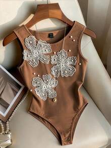 Franclia 女士时尚优雅圆领刺绣串珠无袖连体衣 - 棕色 - 查看 5