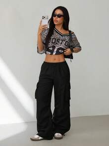 SHEIN PETITE 女士夏季街头复古西部风Y2K低腰降落伞工装裤 - 黑色 - 查看 6